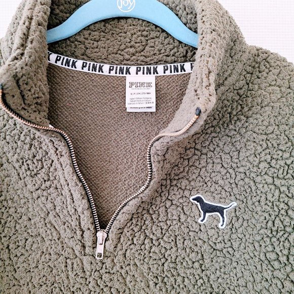 Victoria's Secret PINK Dark Green Fluffy Boyfriend Quarter Zip Pullover Sweater - Picture 7 of 10